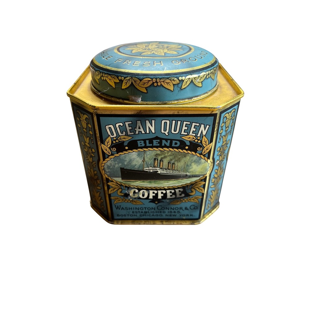 Vintage Ocean Queen Blend Coffee Tin Daher Long Island NY HexagonalSteamshipBlue